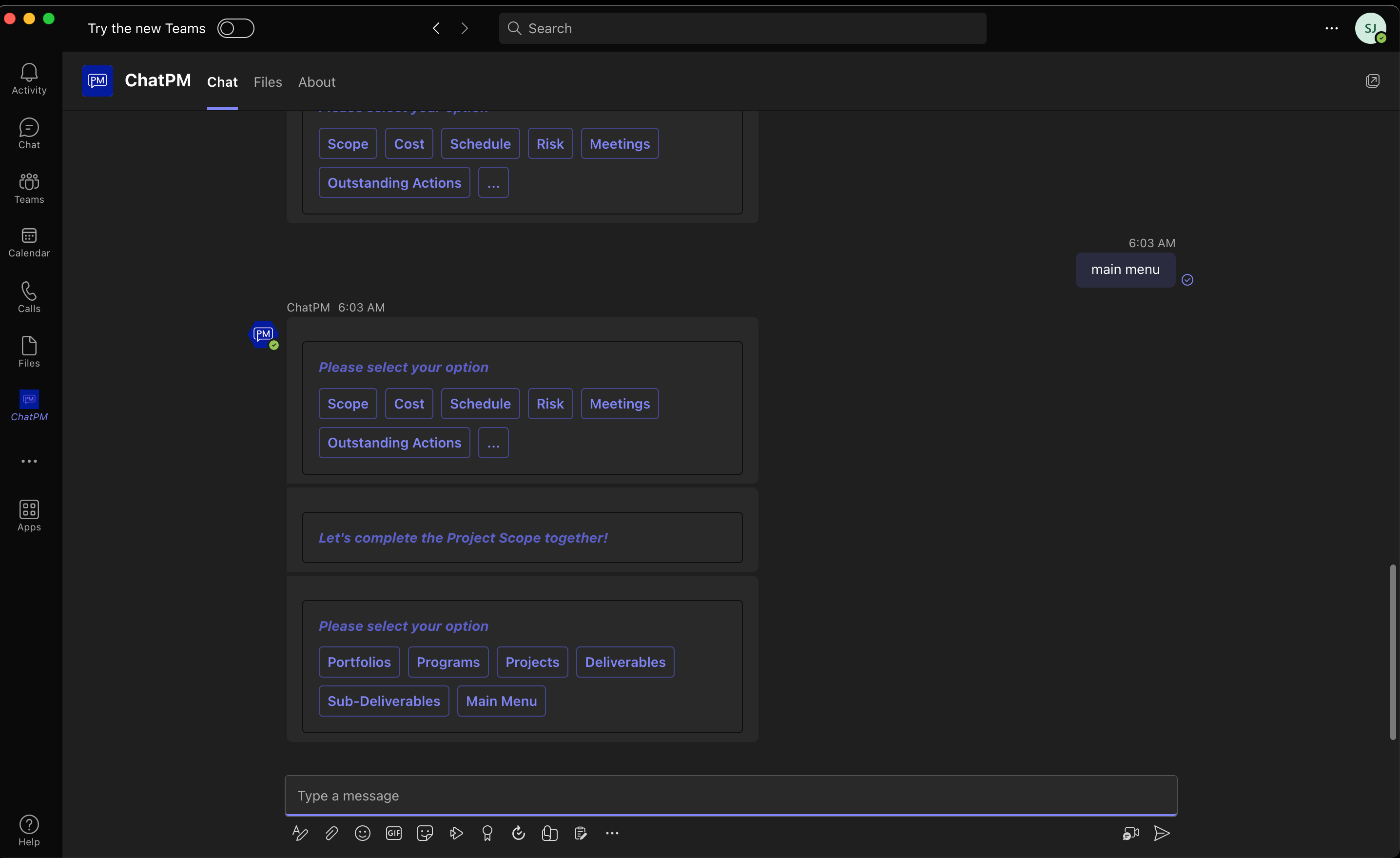 Displaying the ChatPM dashboard.